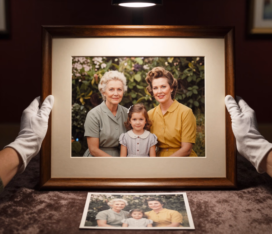 A museum-grade 3K colorized restoration of a vintage family photograph with lifelike skin texture, rich fabric colors, and crisp fine detail for archival printing