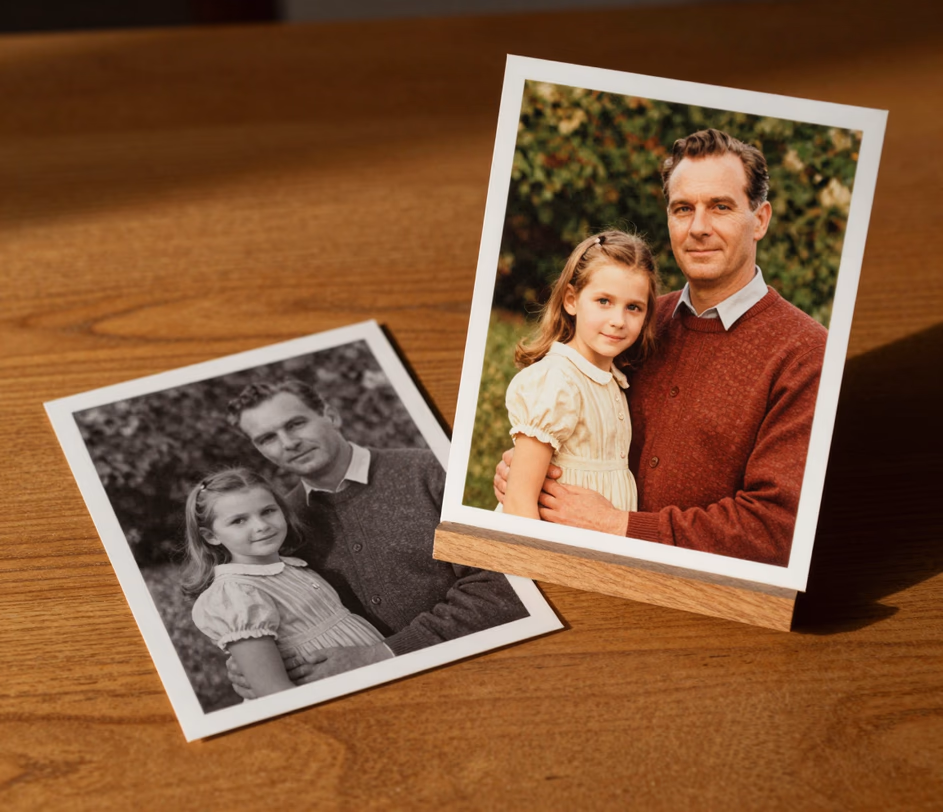 A black and white portrait photograph beside its detail-rich colorized version showing deeper period-accurate clothing colors and refined facial tones