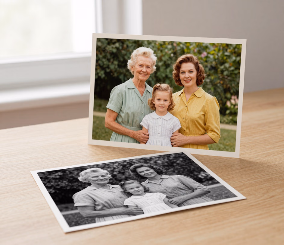 A black and white portrait photograph and its fast AI colorized version with natural skin tones and soft daylight colors at 2048 px