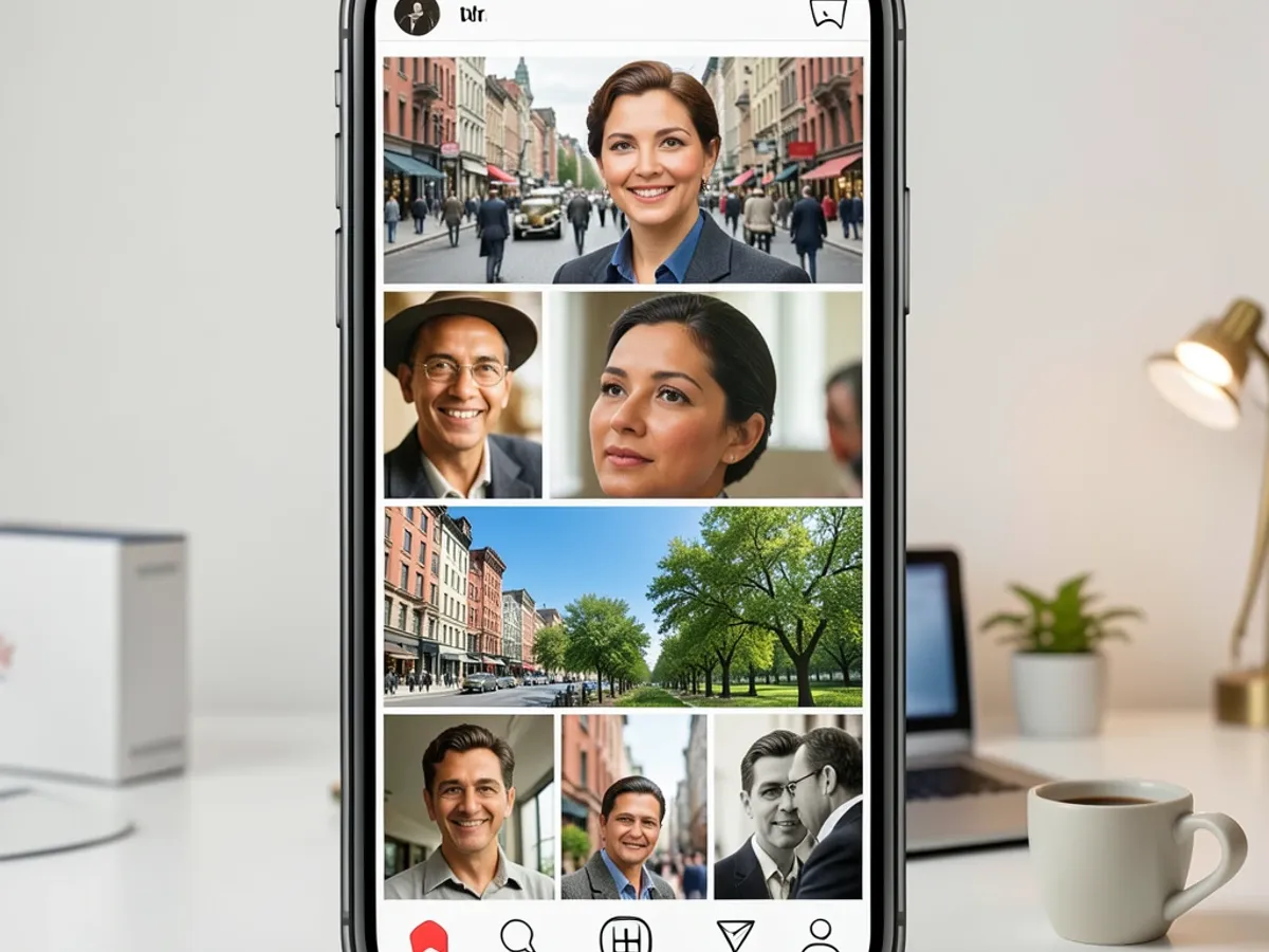 شبكة على غرار Instagram تُظهر مناظر مدن قديمة ملونة وصورًا شخصية، مما يوضح كيف تؤدي الصور بالأبيض والأسود المحولة إلى ألوان إلى زيادة التفاعل على وسائل التواصل الاجتماعي