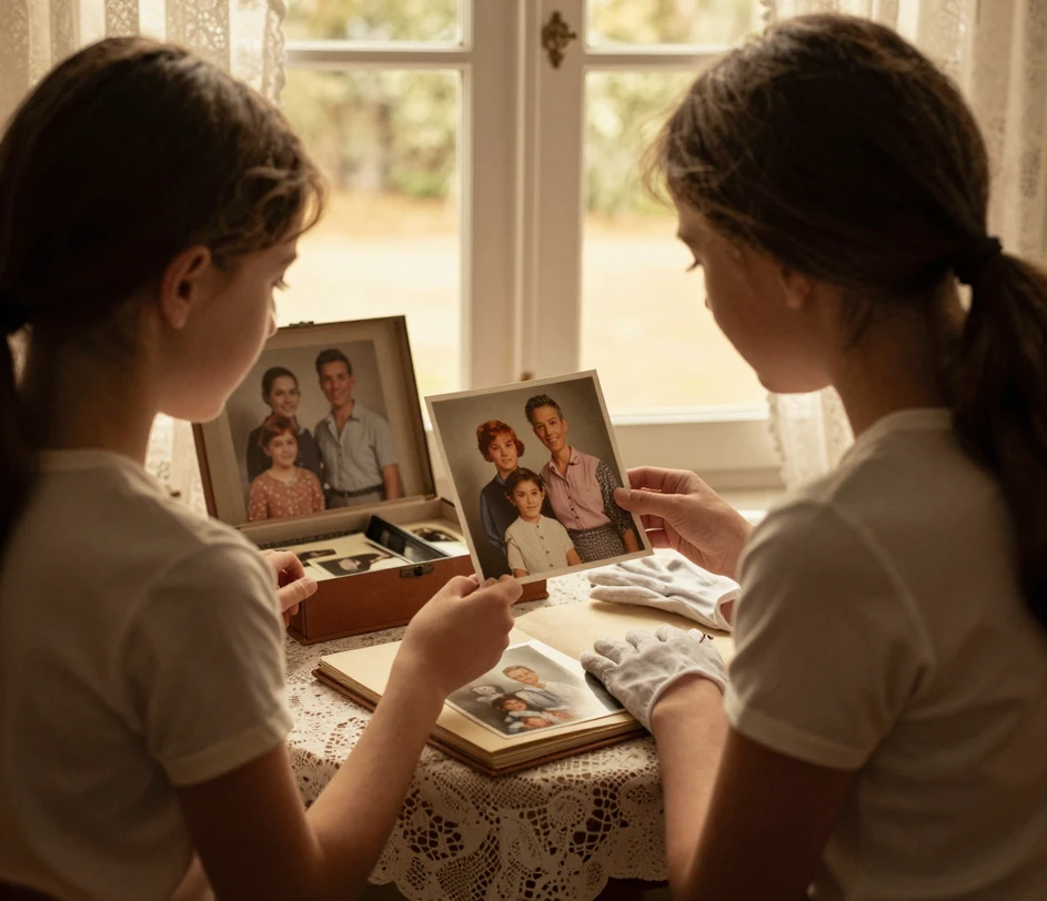 A grandmother and granddaughter seen from behind at a lace-curtained window table, looking together at a freshly colorized family portrait while an open shoebox of black and white photographs waits on the desk