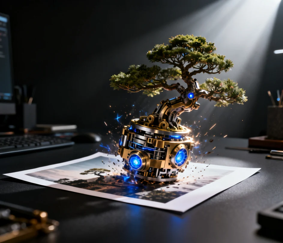 A flat 2D photograph of an intricate futuristic mechanical bonsai tree bursting directly upward into a fully materialized photorealistic 3D solid model with brushed brass and anodized aluminum and glowing blue energy cores, bypassing wireframe tiers — illustrating instant asset generation from a single photo