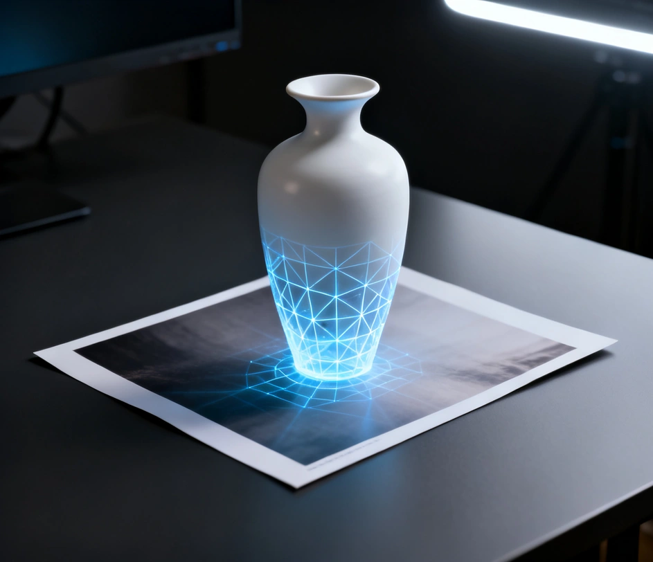 A single photograph of a ceramic vase on the left transforming into a reconstructed 3D wireframe mesh on the right, showing estimated depth, surface curvature, and proportional accuracy from one image