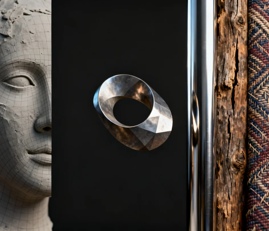 A close-up comparison showing a photographed object surface colors and patterns mapped onto a generated 3D mesh, preserving polished metal, weathered wood, and patterned fabric material textures