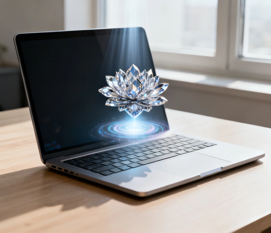 A laptop browser window showing the image to 3D model conversion running entirely in the web page, with a real-time 3D reconstruction preview and no installed software required