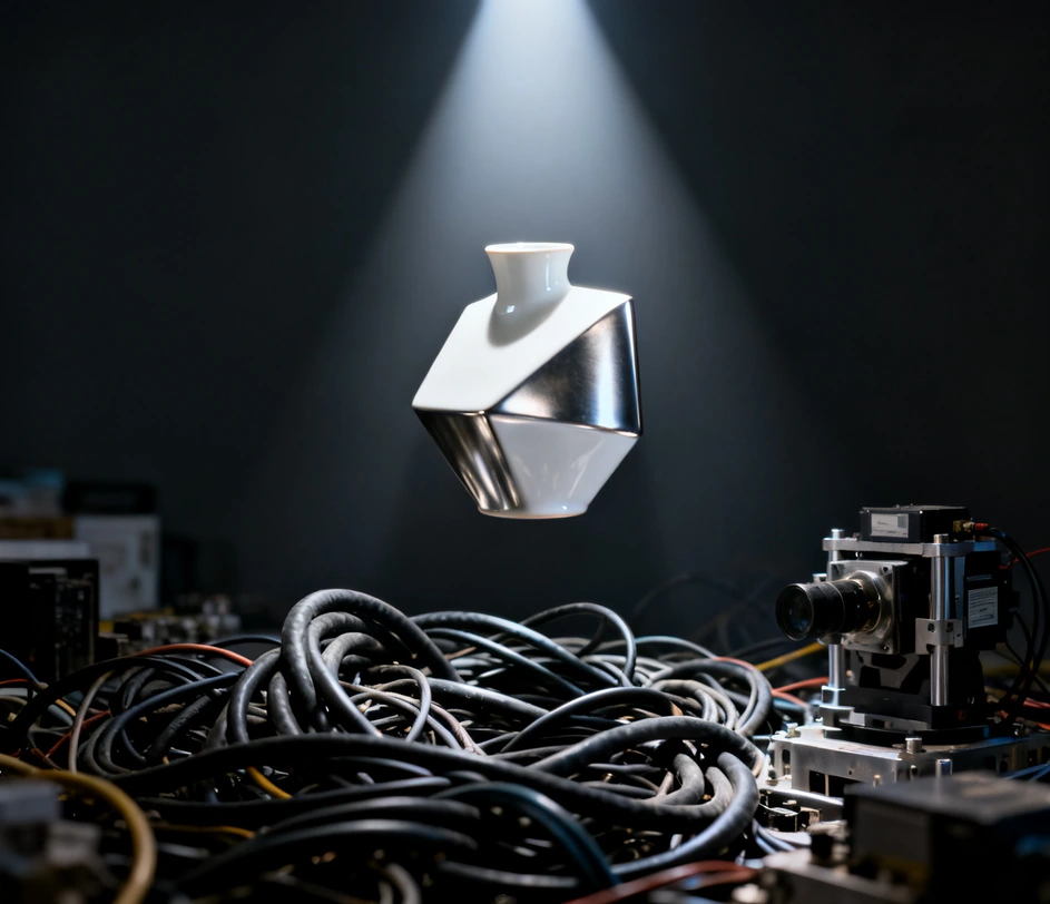 A premium showcase tableau of the image to 3D model tool capabilities — single-photo geometry reconstruction, five export format icons, texture material mapping, and a browser-based real-time preview — unified by a clean technical aesthetic with deep blue ambient lighting