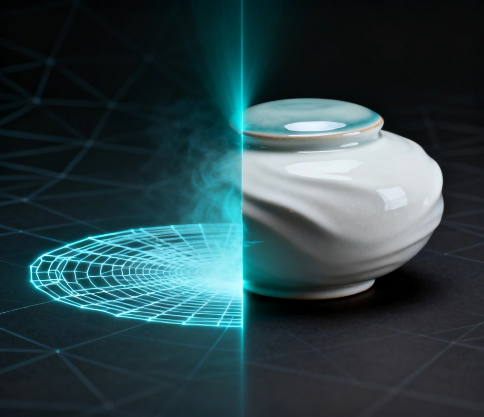 A single photograph of a ceramic sculpture transforming into a fully textured 3D model, showing the AI reconstruction pipeline from flat image to rotatable 3D mesh with PBR materials
