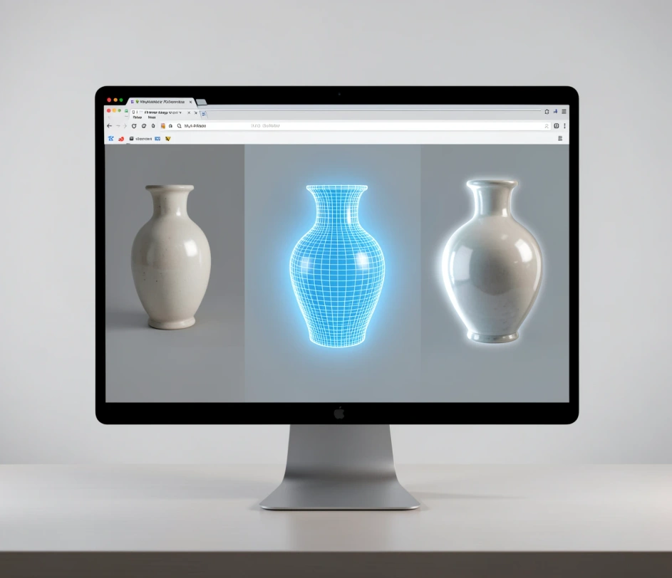 A cinematic three-step creator journey in a wide horizontal composition — uploading a photograph on the left, inspecting a rotating 3D model preview in the center, and downloading multi-format files on the right