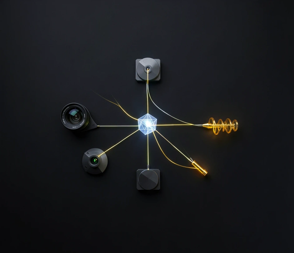 A wide horizontal showcase of related AI creative tools — text to image generation, text to 3D model, and image to animation — arranged as a polished product grid with deep blue ambient lighting