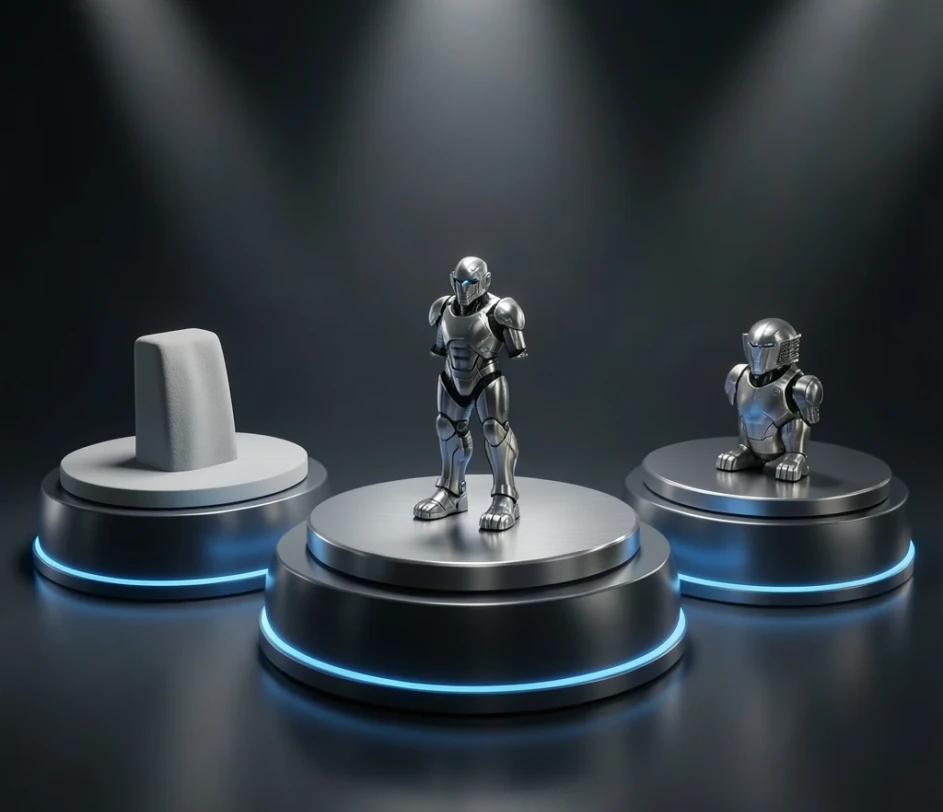 A side-by-side render comparison of the same 3D model at Standard, Pro, and Master quality tiers from real GLB output — showing progressive improvement in geometric detail, texture sharpness, and surface fidelity from left to right
