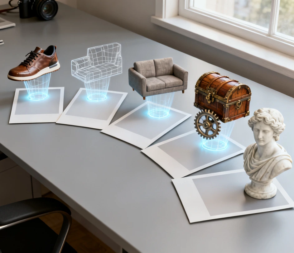 A cinematic visual storytelling illustration showing creators using AI image to 3D model conversion across five scenarios — game asset creation, e-commerce visualization, 3D printing, architectural documentation, and education — unified by a clean technical atmosphere