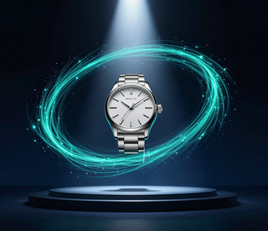 Un ceas de mână premium prinzând viață în videoclip pe o scenă întunecată — o dublă helix de dâre de lumină turcoaz spiralează în jurul lui într-o măturare orbitală completă cu particule sclipitoare care cad, momentul în care o fotografie înghețată devine un clip cinematografic
