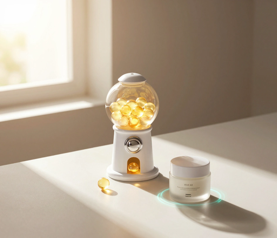 Un distribuitor de sfere de credite aurii și strălucitoare pe biroul însorit al unui creator — douăzeci de sfere luminoase din care câteva tocmai cad, în timp ce un borcan de cosmetice generic așteaptă să-i vină rândul să devină videoclip