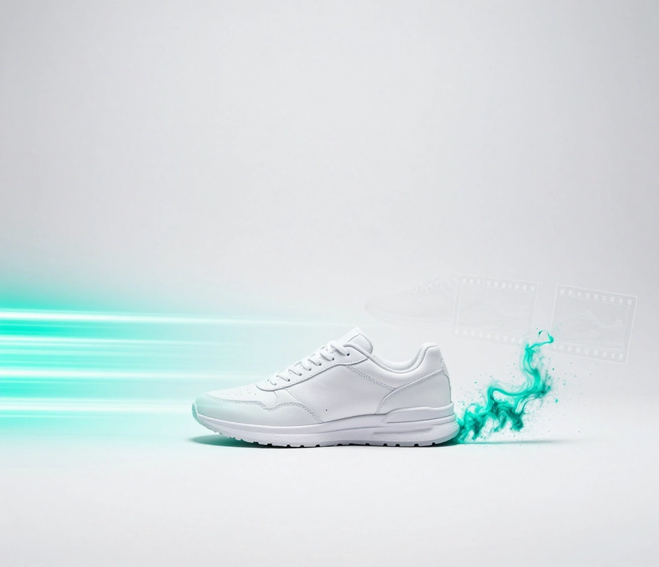 Un adidas care se transformă din imagine fixă în videoclip pe un fundal alb — o dâră lungă de lumină turcoaz și trei cadre-fantomă în urma lui, sugerând un clip finalizat livrat în câteva minute
