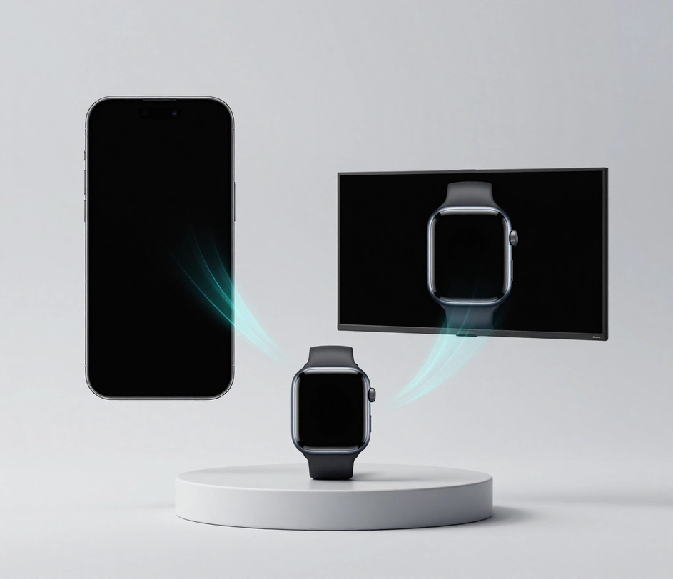 Un smartwatch pe un piedestal curgând spre două cadre video finalizate — un decupaj vertical pentru ecranul unui telefon și un decupaj widescreen, arătând că orientarea rezultatului urmează fotografia încărcată