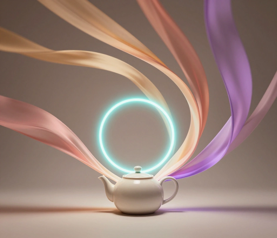 Un ceainic de ceramică înconjurat de panglici de lumină cu degrade neted în chihlimbar, roz și violet — tușe abstracte din multe limbi convergând într-un singur inel turcoaz de mișcare a camerei, fără text lizibil