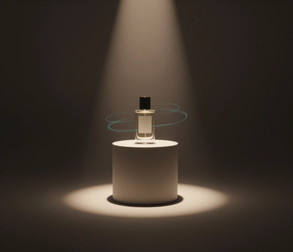 Un flacon de parfum singur pe un piedestal într-un con de lumină caldă într-un studio privat întunecat, cu o limită circulară blândă pe podea și dâre turcoaz discrete orbitând doar în jurul produsului