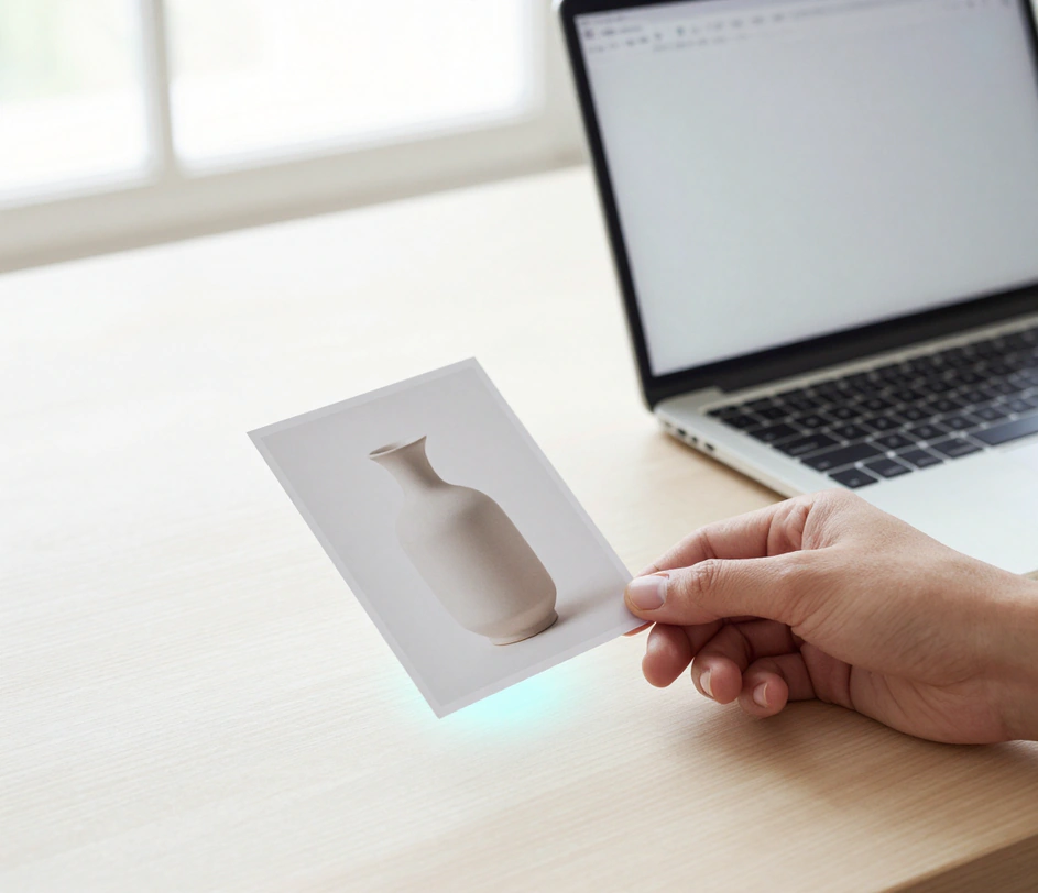O mână așezând o fotografie de produs tipărită pe un birou luminos lângă un laptop, fotografia plutind cu o strălucire cyan blândă în momentul încărcării