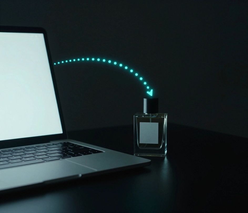 O cale de mișcare cyan luminoasă curgând în jurul unui flacon de parfum deasupra unui birou întunecat — o direcție de cameră schițată în lumină, lângă un laptop care arată doar o strălucire goală