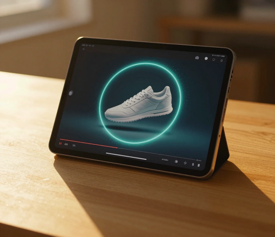 O tabletă în lumina orei de aur afișând videoclipul finalizat — adidasul înconjurat de un inel orbital turcoaz complet și strălucitor, imaginea din colț în colț fără controale de player