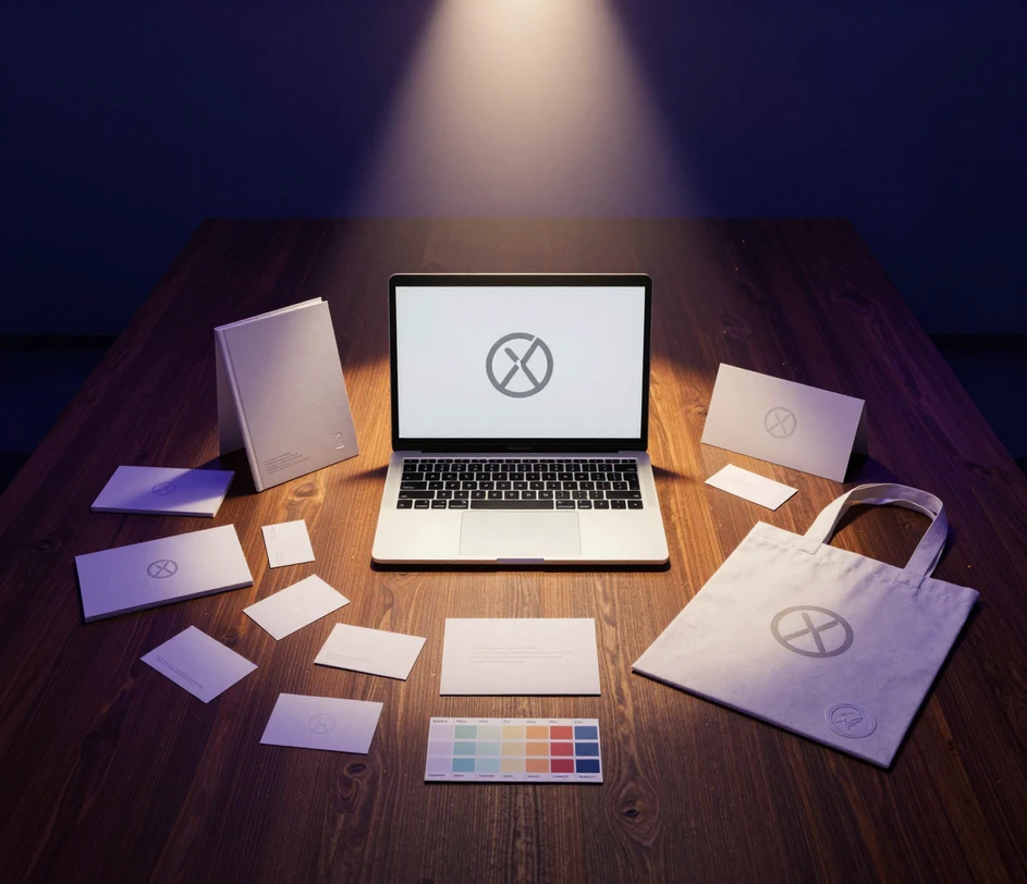 A designer's completed brand identity deliverable spread across a modern desk — finalized logo on a laptop screen, matching business cards, brand guideline booklet, and tote bag mockup