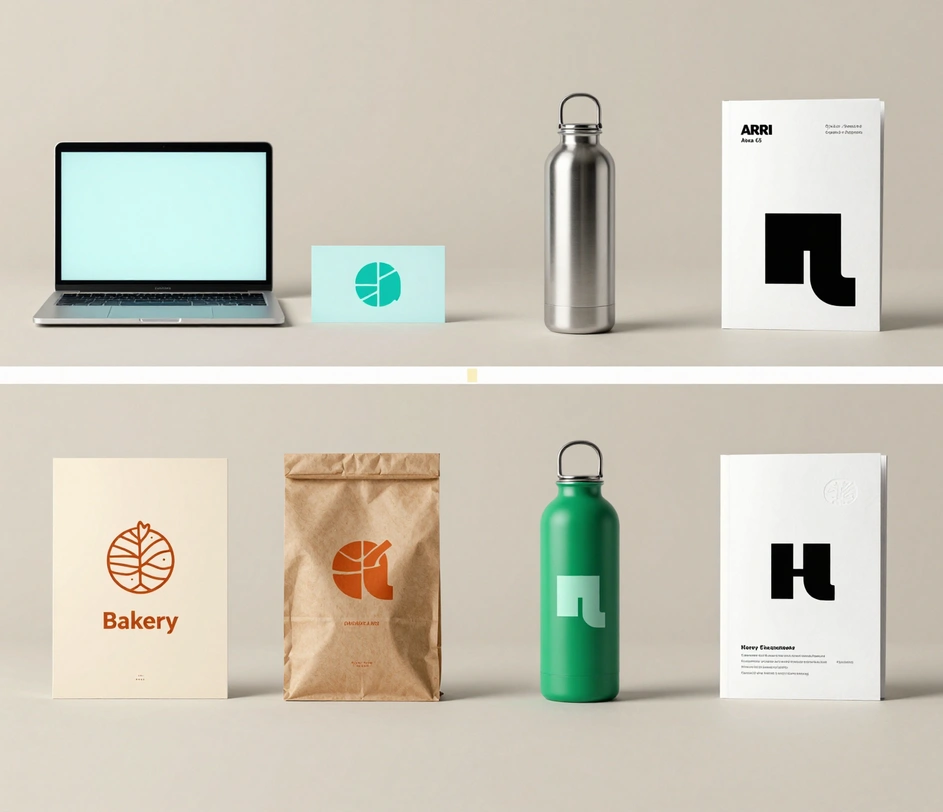 Four industry-specific logos displayed side by side — fintech wordmark, bakery emblem, fitness badge, and tech startup mark — demonstrating industry-aware logo generation