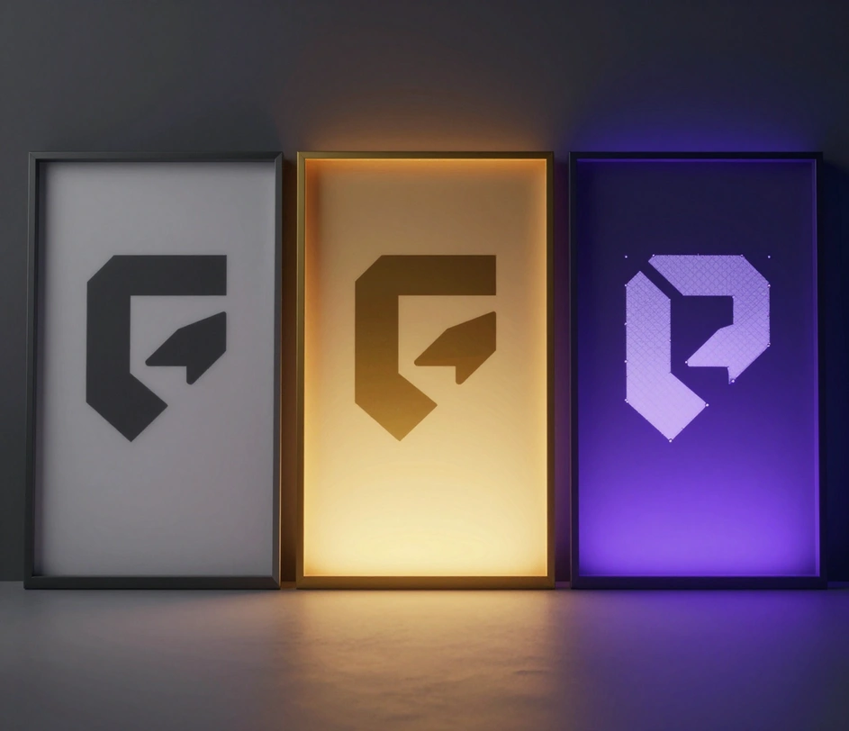 Three logo outputs displayed side by side at escalating tiers — a quick WebP concept, a sharper PNG raster mark, and a crisp SVG vector on the right — illustrating tiered output formats
