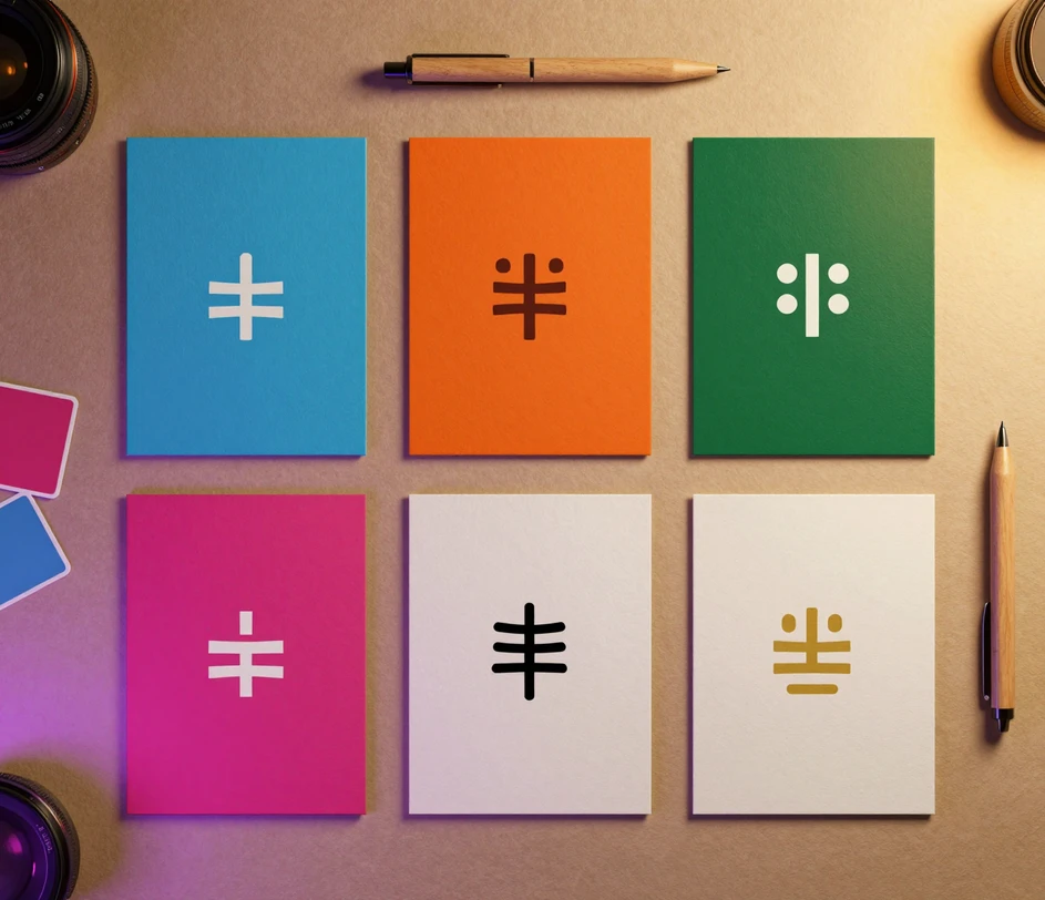 Six logo variations of the same brand concept arranged in a 2x3 grid, showing different typography weights, color palettes, and icon treatments for design exploration