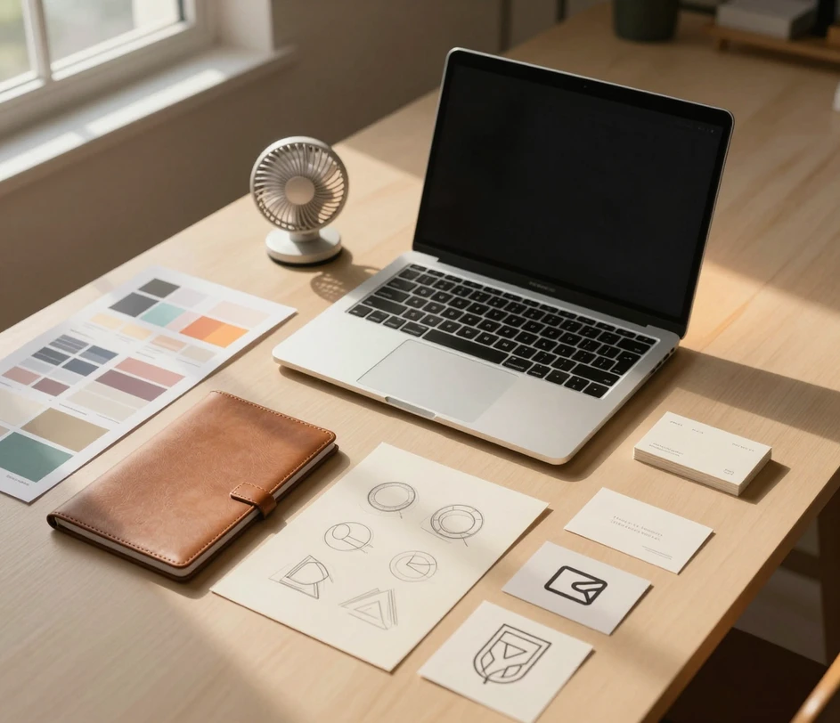 An elegant brand identity design workspace with a laptop showing a logo design tool, printed mood boards, color swatches, and hand-drawn logo concept sketches arranged on a warm minimalist beige desk
