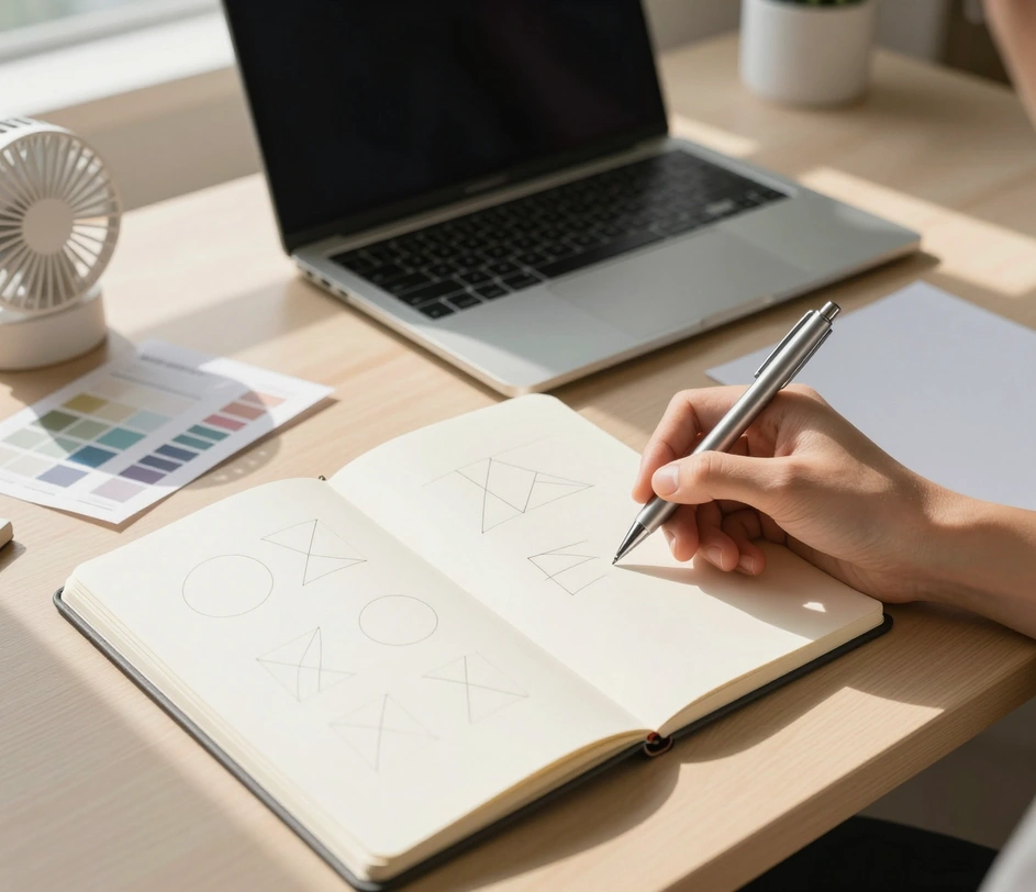A designer's hand with a pen over a notebook of brand prompt text and small logo concept sketches, with a laptop partially visible showing a prompt input field
