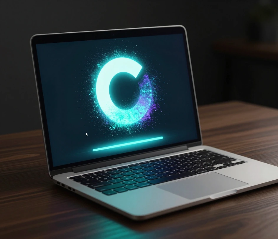 A laptop screen displaying an AI logo generation interface with a prompt input, style selector, and loading indicator, screen glow reflecting on a dark wooden desk