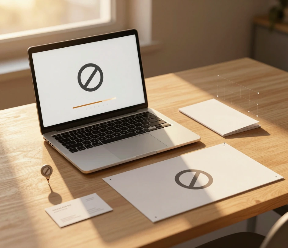 A downloaded logo file appearing on a desktop screen with a folder of exported assets — favicon, app icon, full banner — and a USB drive indicating deployment readiness