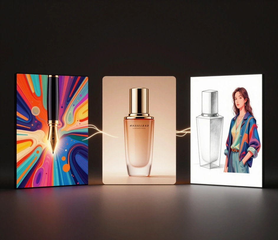Three creative tool previews on a soft gradient background — text-to-image visual on the left, polished product studio shot in the middle, and image-to-image transformation on the right