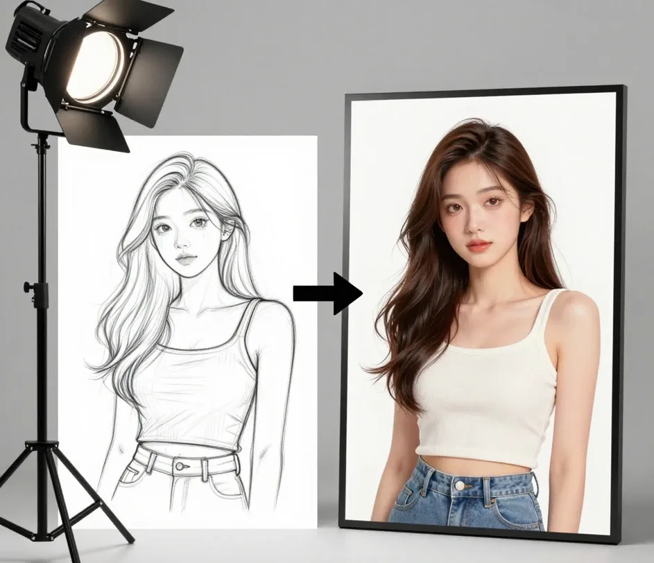 A side-by-side image transformation showing a basic sketch on the left becoming a fully rendered colorful illustration on the right