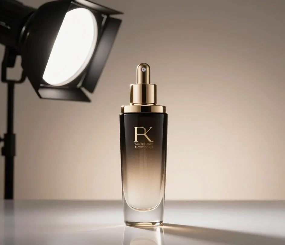 A polished luxury cosmetic bottle on a seamless gradient backdrop with soft professional lighting, demonstrating AI product image generation