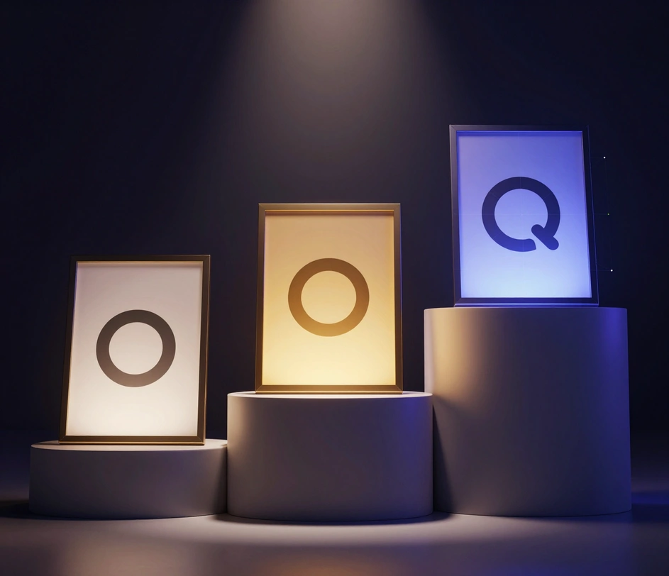 Three logo prints displayed on elegant pedestals of varying heights on a dark studio background, the tallest center one glowing to signal the Master tier with SVG vector output
