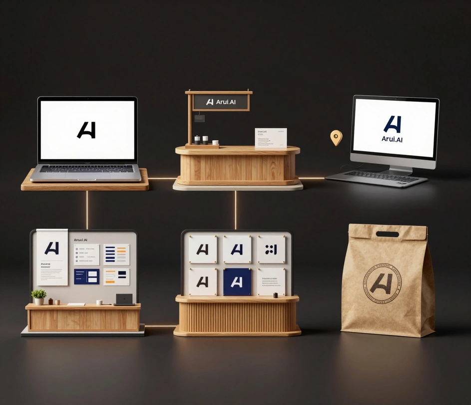 Five real-world brand identity deployment scenarios arranged in a unified dark studio — a startup pitch desk, a small business storefront counter, an agency brand review wall, a SaaS product team workstation, and an e-commerce packaging flat-lay — connected by subtle glowing lines on a single horizontal plane