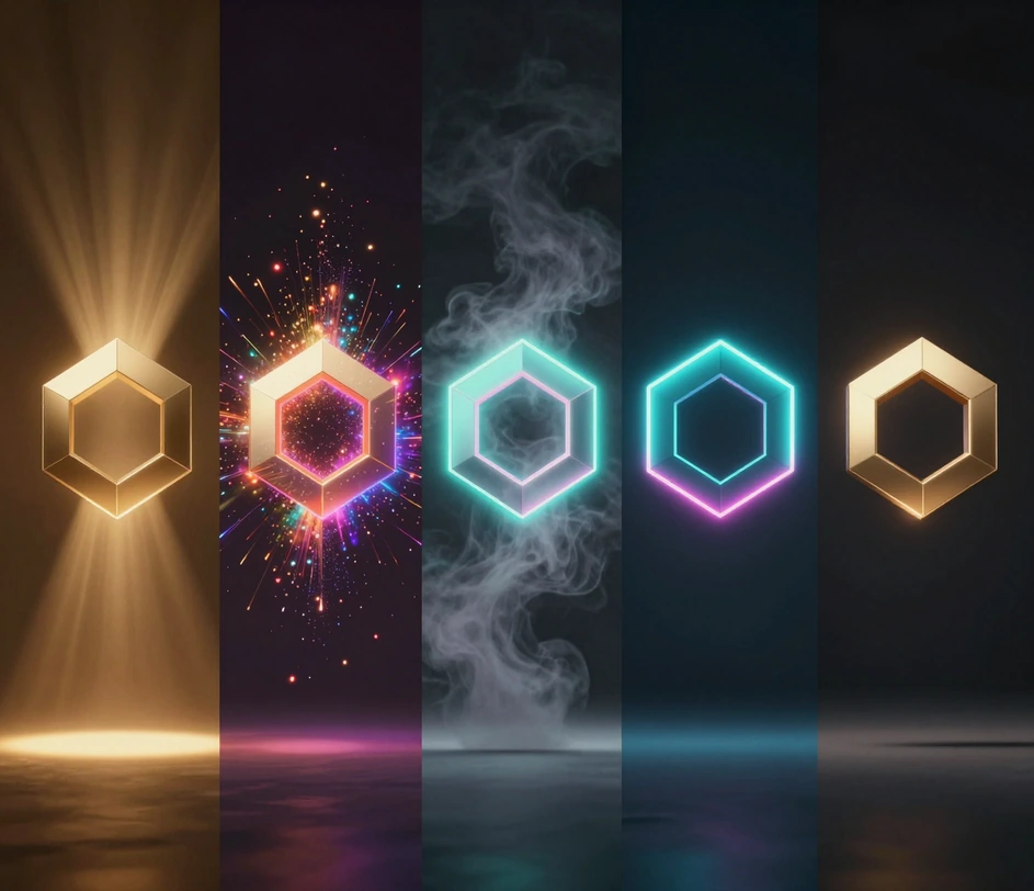 Five animated logo reveal previews playing side by side — cinematic reveal, particle burst, smoke reveal, neon glow, and elegant 3D — each rendered from the same uploaded logo file