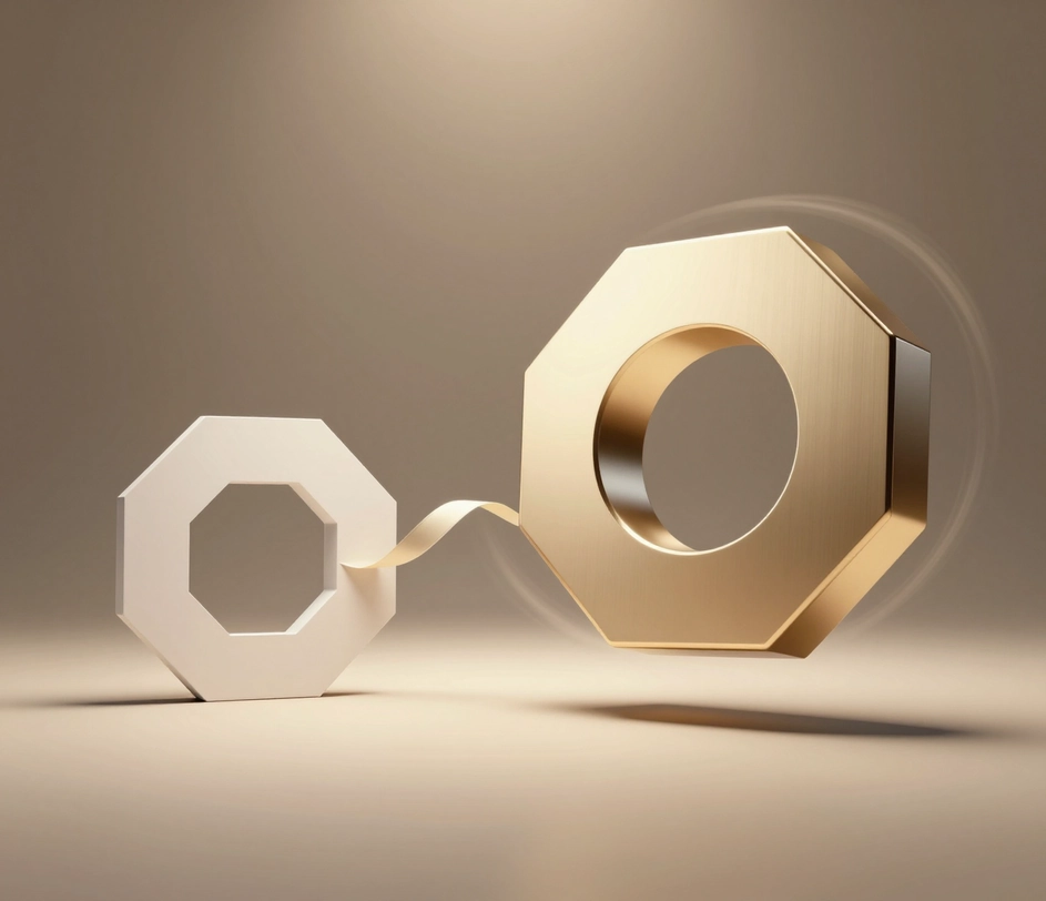An elegant 3D logo animation with depth and rotation built around a flat logo mark, rendered on a cinematic dark background with motion light trails