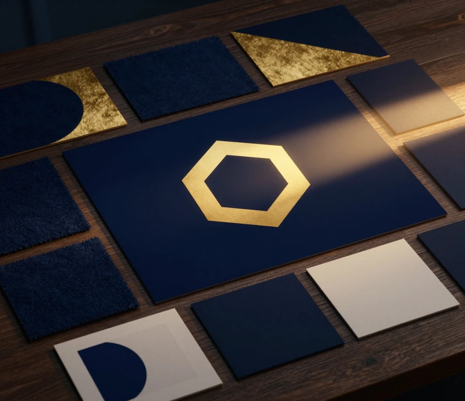 A logo reveal video steered by a text prompt — navy and gold brand colors carried through the lighting and effects of a five-second social bumper