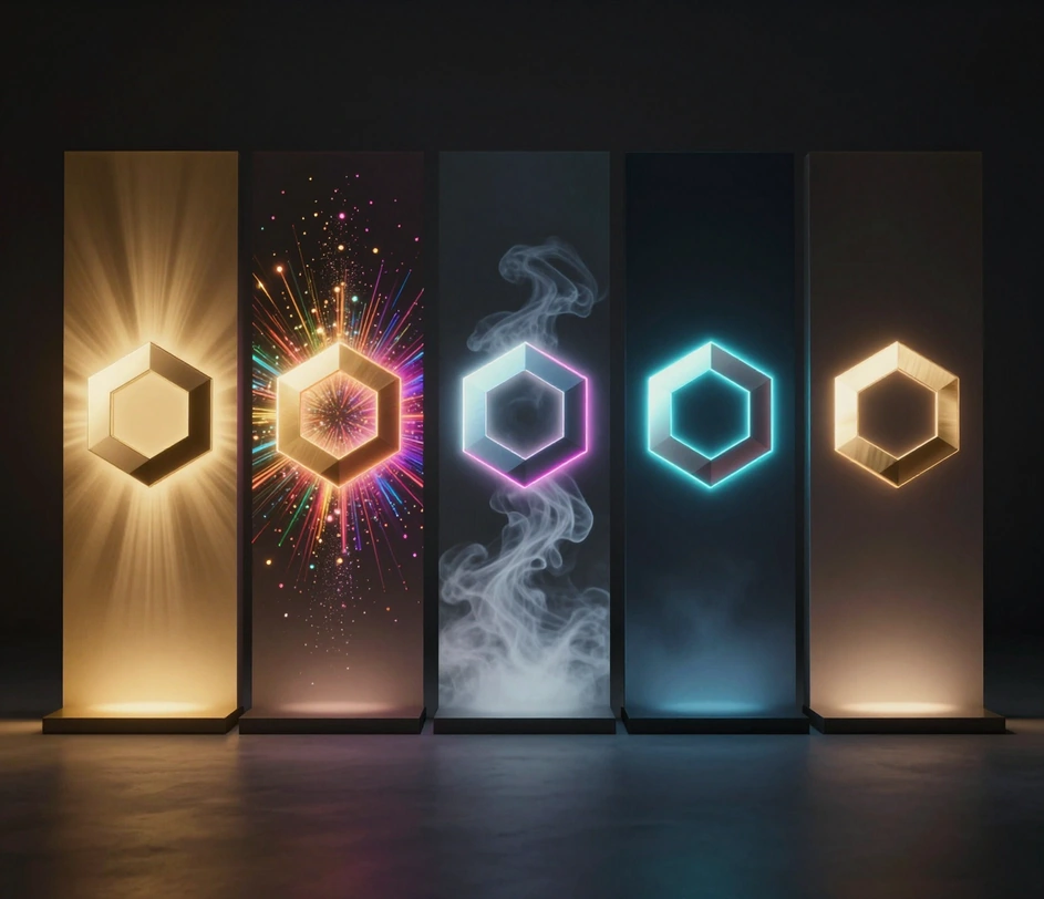 A designer previewing a portfolio of animated logo videos — cinematic reveal, particle burst, and elegant 3D reveals playing side by side for a client deliverable