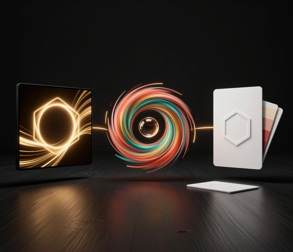A branding showcase where an animated logo video opens a corporate presentation, alongside intro, ad, and logo-design assets from the wider Arui.AI toolset