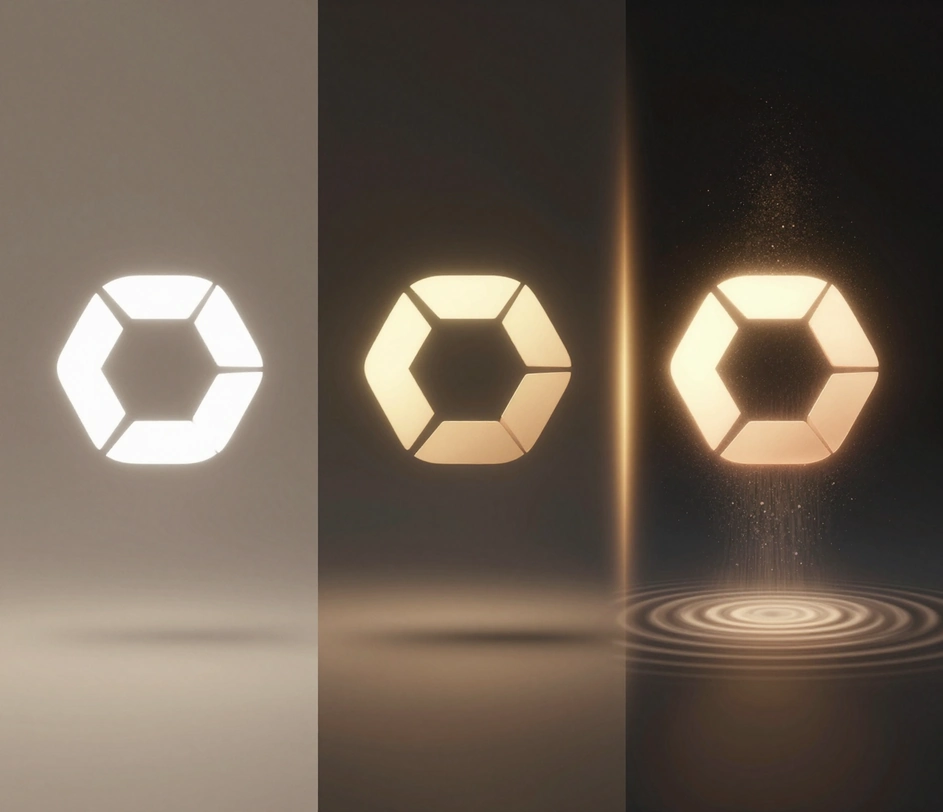 Three animated logo video outputs arranged left to right — a silent five-second reveal, a Pro render with richer motion, and a Master 1080p clip with matched AI sound design