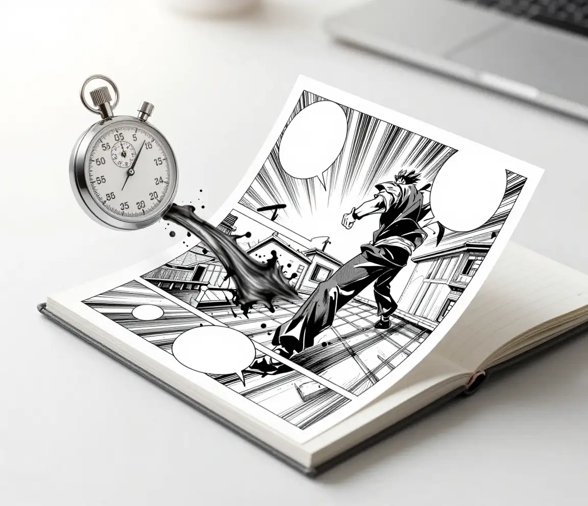 Hotový manga panel materializující se nad jasným pracovním stolem vedle stopek s prázdným ciferníkem, s inkoustovou energií tekoucí ze zápisníku, která zachycuje generování panelu přibližně za dvanáct sekund