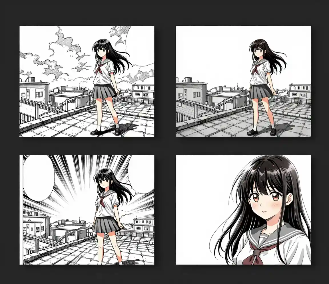 Čtyři manga panely vedle sebe se stejnou scénou na střeše školy porovnávající černobílou mangu, plnobarevný webtoon, akční styl Shonen a jemný styl Shojo s odlišným osvětlením každého panelu