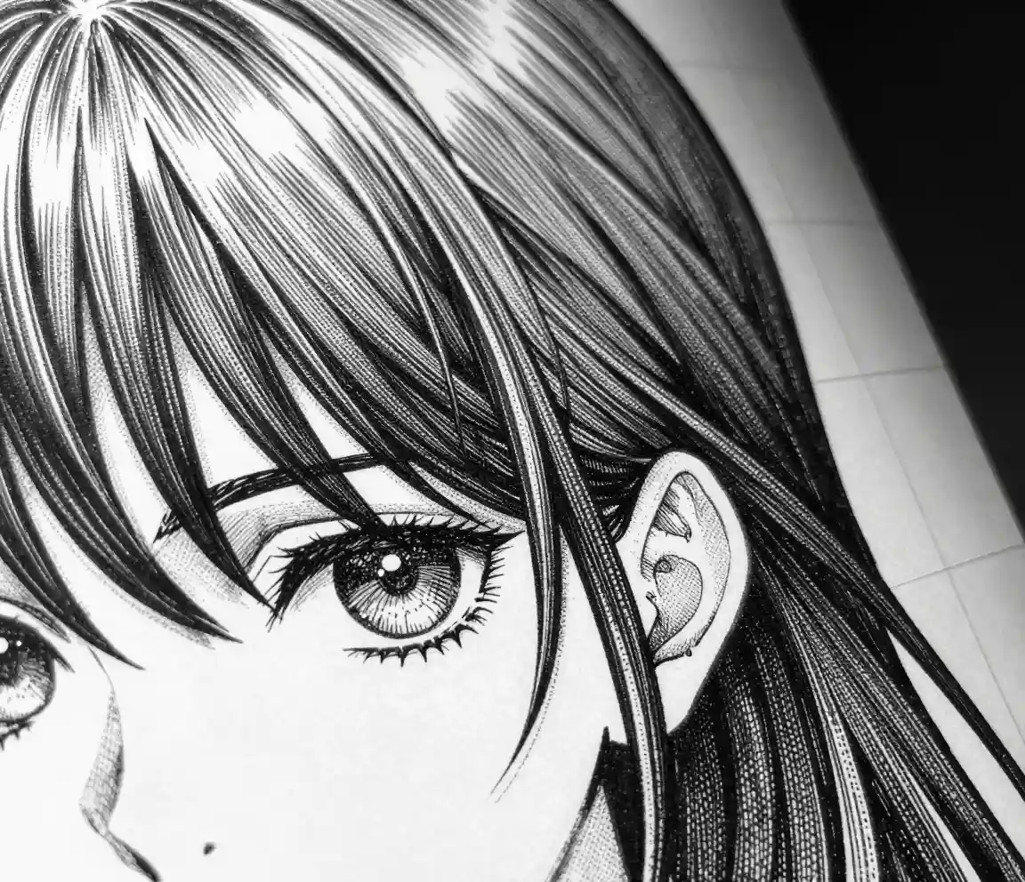 Extrémní makro manga ilustrace ukazující jednotlivé tahy štětcem, přechody screentone polotónových teček a výrazné křížové šrafování v tiskové kvalitě detailu 4096 pixelů