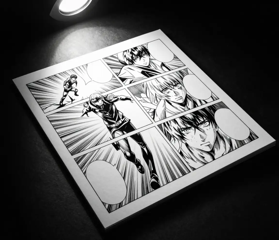 Manga stránka pod bodovým světlem demonstrující kompoziční gramatiku s různorodými ohraničeními panelů, rámováním v nizozemském úhlu, liniemi rychlosti vyzařujícími do stran a koncentračními liniemi kolem skákající postavy