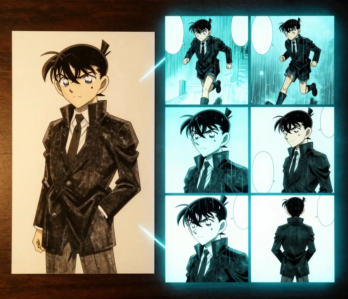 Referenční list manga detektiva propojený zářícími liniemi s pěti panely ukazujícími stejnou tvář, účes, kabát a jizvu v různých scénách