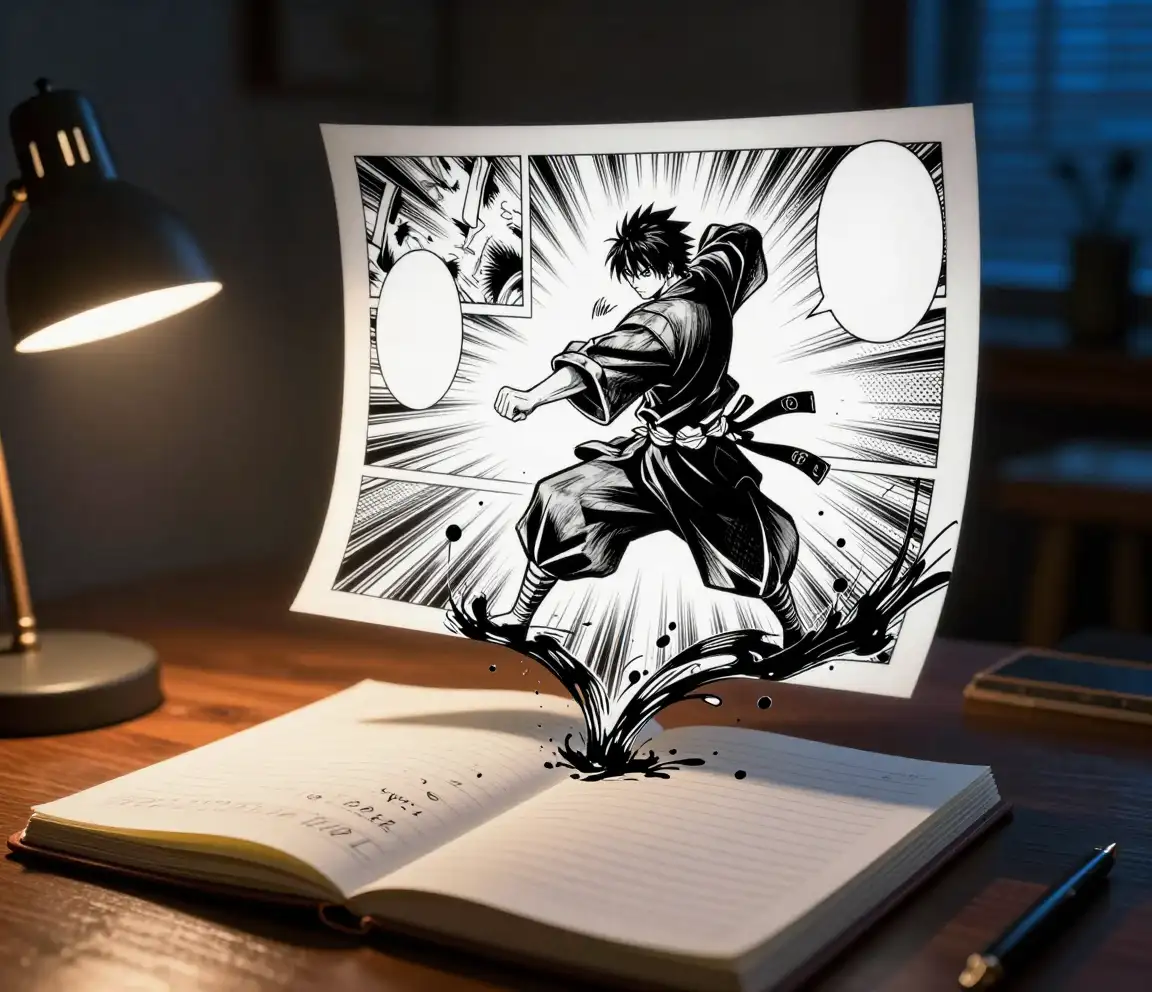 Manga panel vytvářející se sám nad zápisníkem s příběhem v teplém jantarovém světle lampy, s černými inkoustovými částicemi stékajícími ze stránek do hotové černobílé ilustrace s liniemi štětcem a screentone stínováním