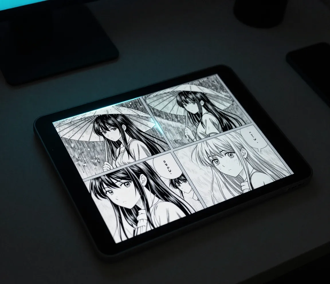 Kreslicí tablet v chladném azurovém světle zobrazující čtyři dlaždice stylů téže scény s deštníkem se zvýrazněnou černobílou manga dlaždicí k výběru